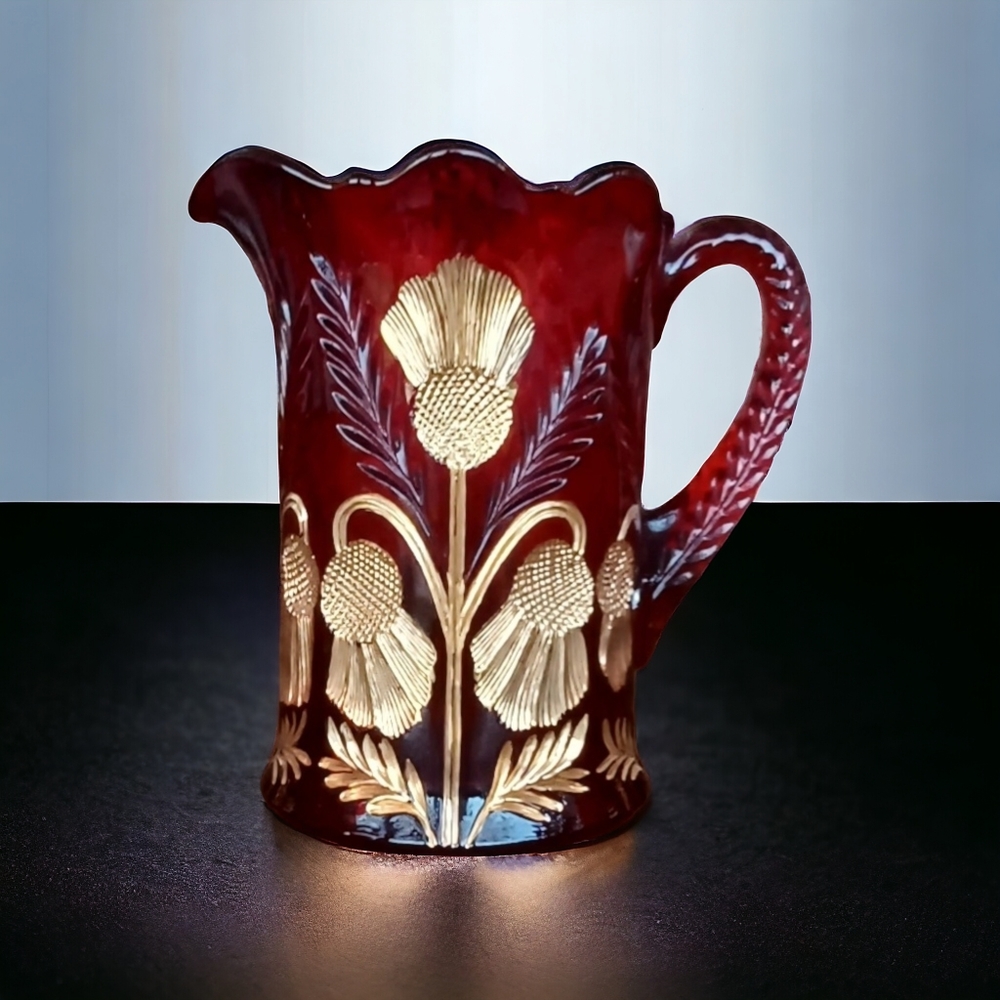Vintage Mosser Red & Gold Inverted Thistle Pitcher, Tumblers, Cream & Sugar Set - Picture 3 of 7